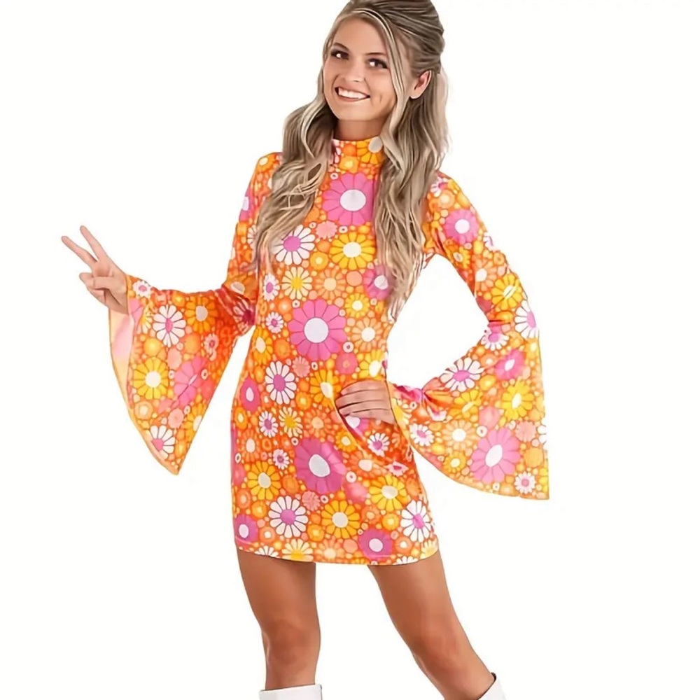 Brand new, never worn 60s bell sleeve floral mini dress costume